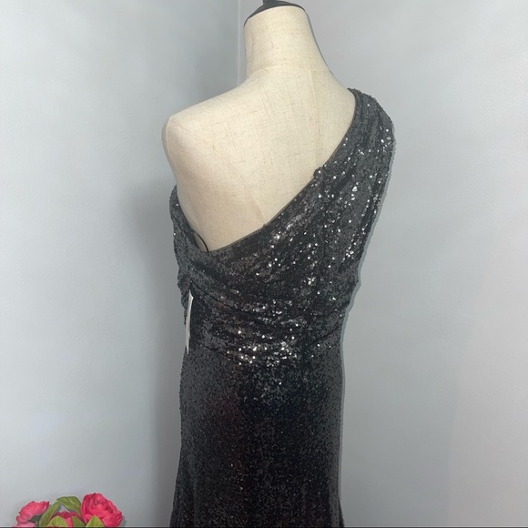 # Rene Ruiz Collection Gunmetal Color One Shoulder Sequined Gown With High Slit - Picture 13 of 16